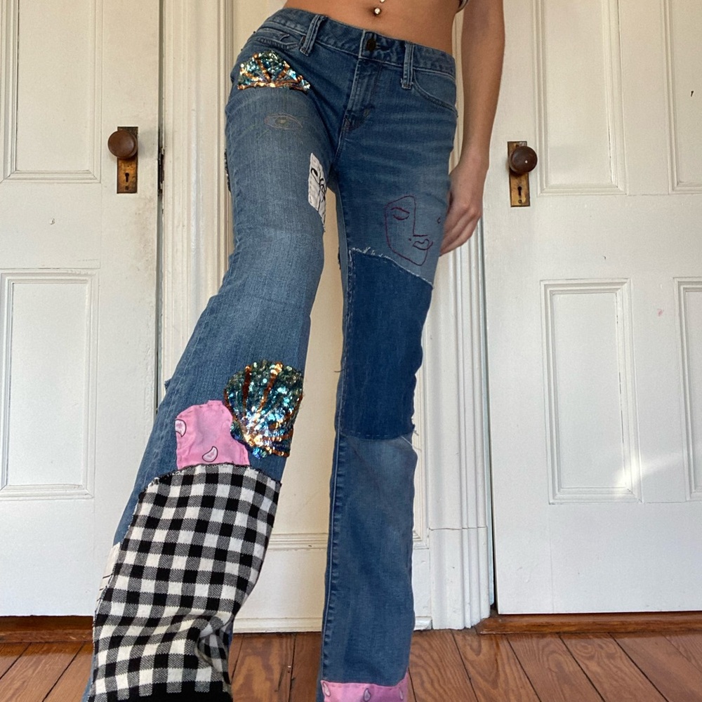 1 of 1 handmade patchwork bootcut jeans